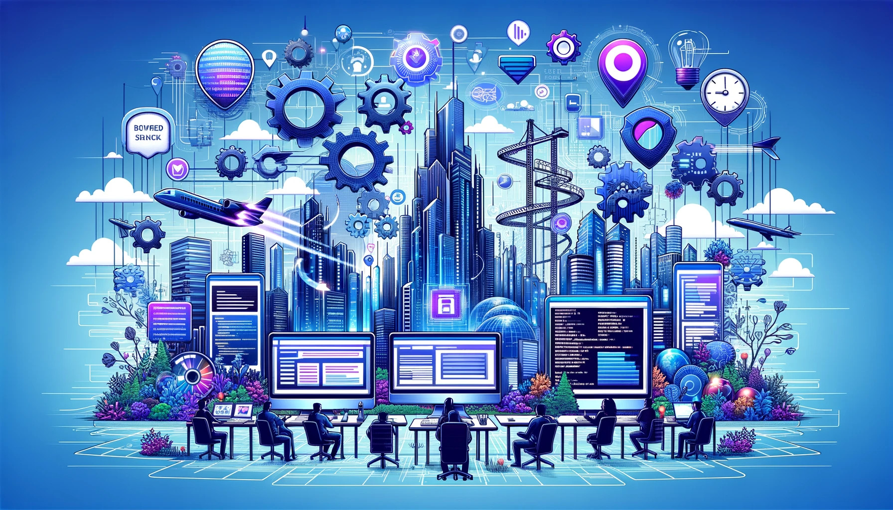 Wide panoramic illustration featuring diverse professionals engaged in website maintenance tasks, including coding, design updates, and security checks