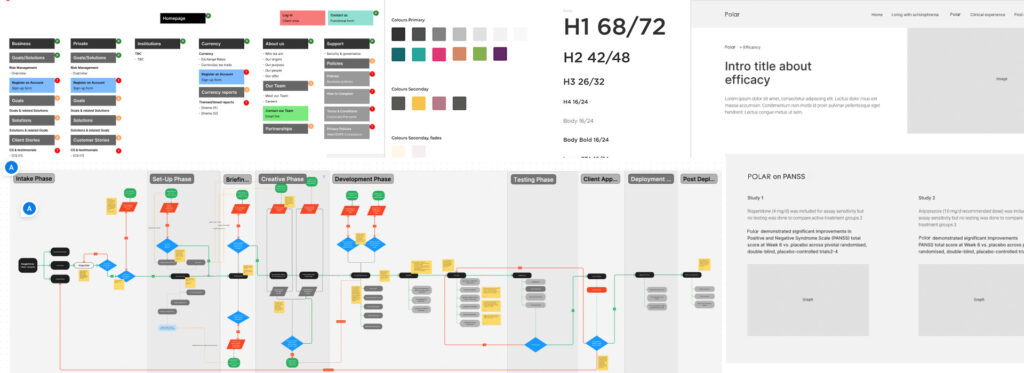 Detailed Wireframes, technical processes, website sitemaps and colour pallets. 